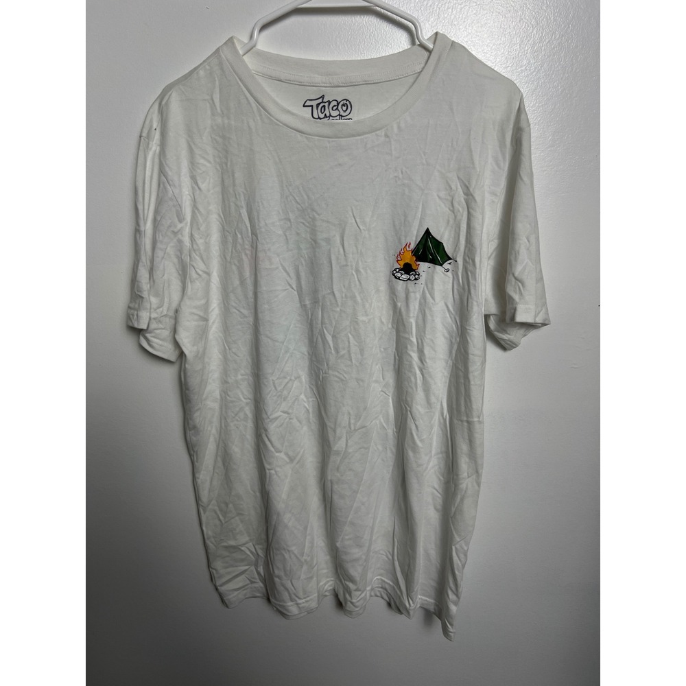 Taco Tuesday Mens White Camping Skeleton Graphic T-Shirt L SS Cotton Whimsigoth
